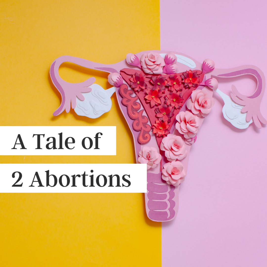 A tale of two abortions written over an image of a uterus figure made from flowers on a pink and yellow background