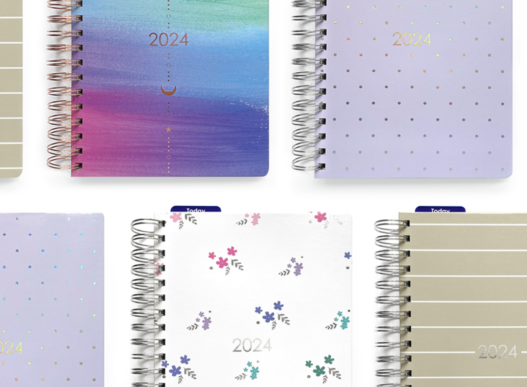 Two rows of Ashley Shelly 2023 planners in a variety of cover designs in shades of blue and red